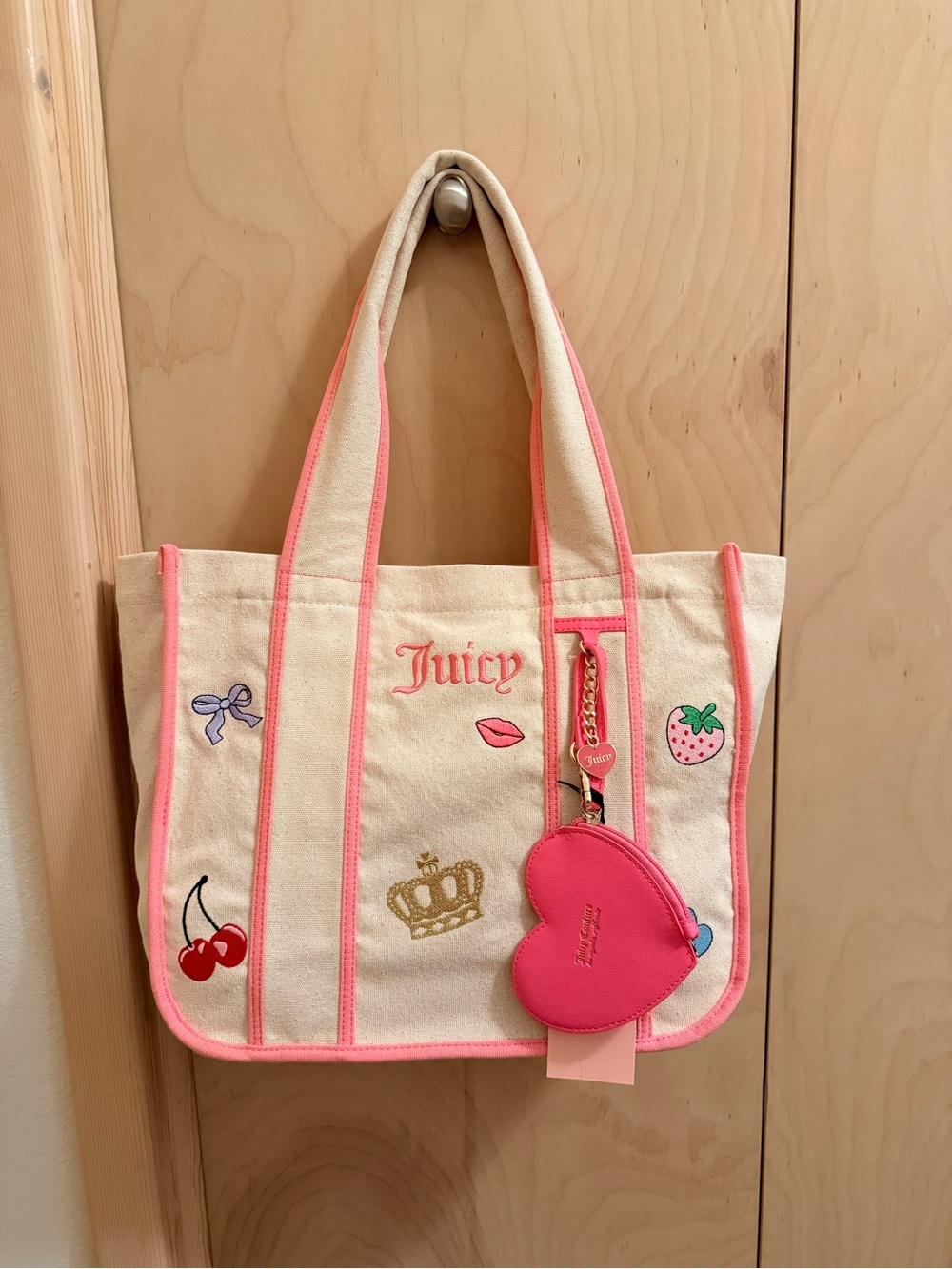 Y2K Inspired Juicy Couture Cream Tote Bag with Princess Pink Trim & Heart Charms
